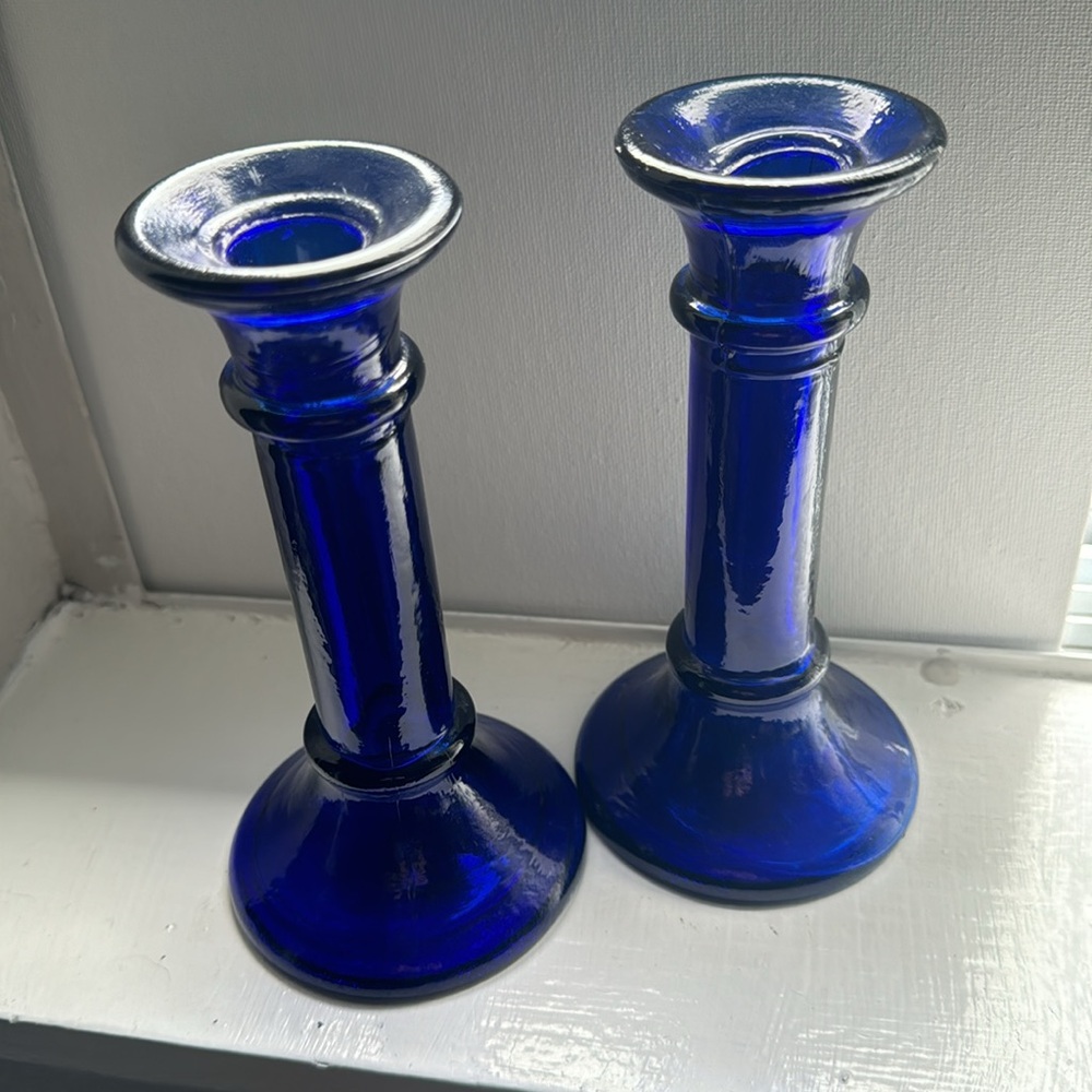 Cobalt Blue Recycled Glass Made in Spain Candle Stick Holders Set of 2